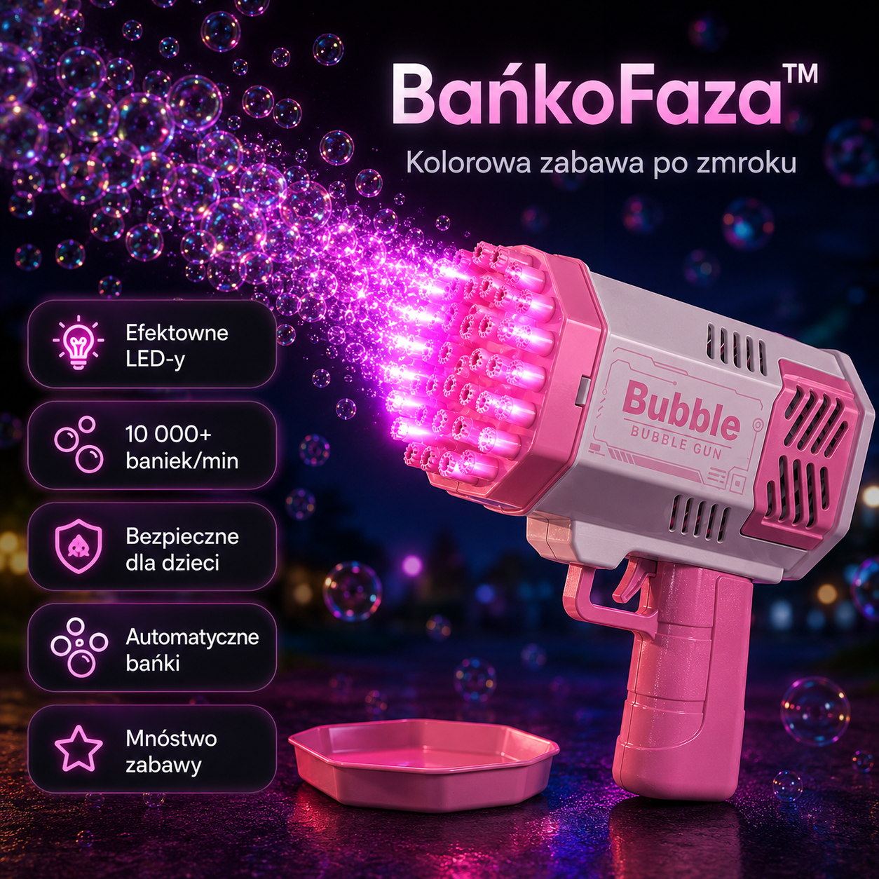 BańkoFaza™ – Pistolet do baniek LED dla dzieci